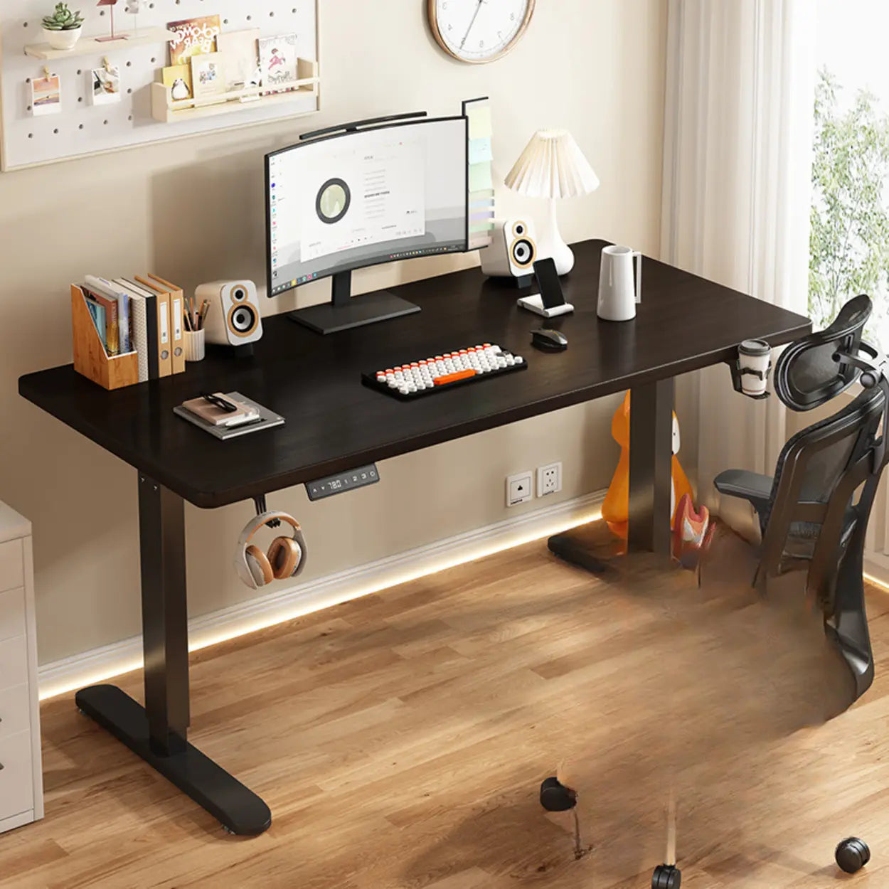Height-Adjustable Wood Writing Desk — Walnut/ Black / Double Motors / Table Only