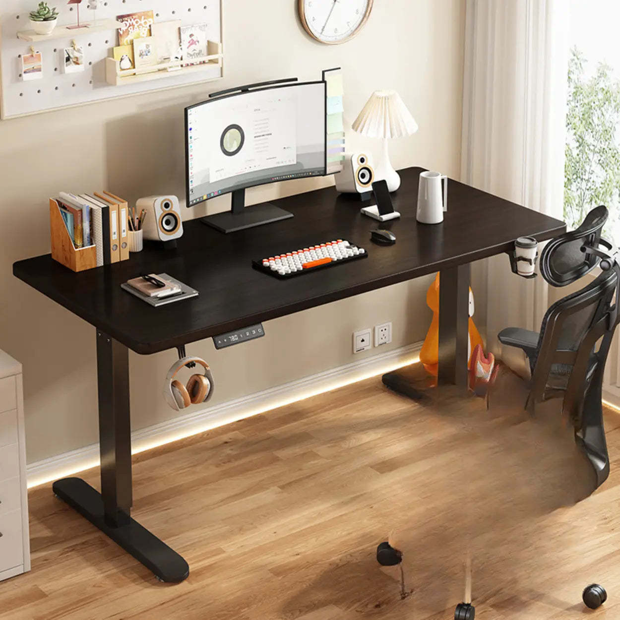 Height-Adjustable Wood Writing Desk — Walnut/ Black / Double Motors / Table Only