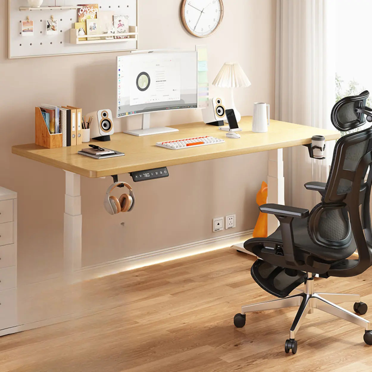 Height-Adjustable Wood Writing Desk — Walnut/ White / Dual Motors & Three-Section Legs / Table Only