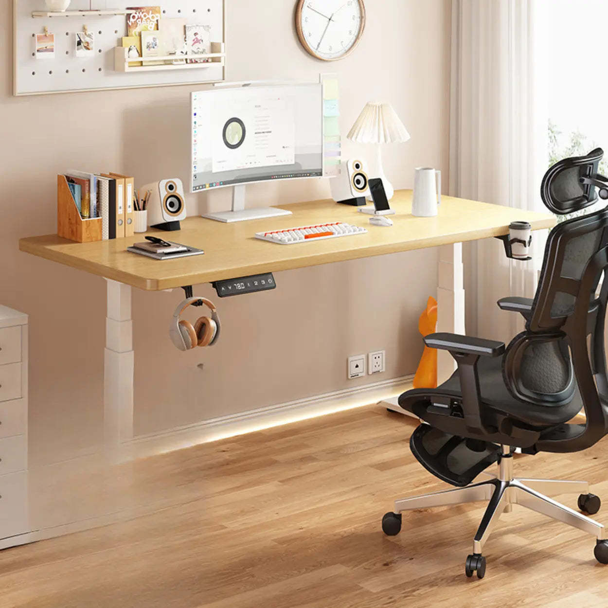 Height-Adjustable Wood Writing Desk — Walnut/ White / Dual Motors & Three-Section Legs / Table Only