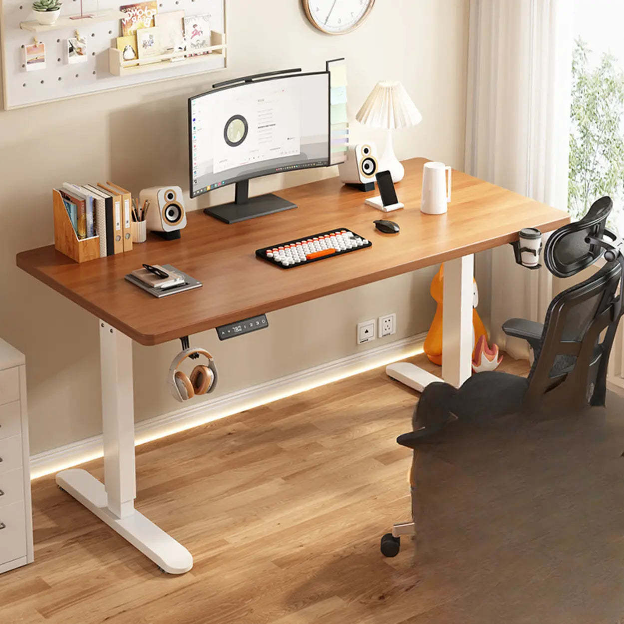 Height-Adjustable Wood Writing Desk — Walnut/ White / Single Motor / Table Only