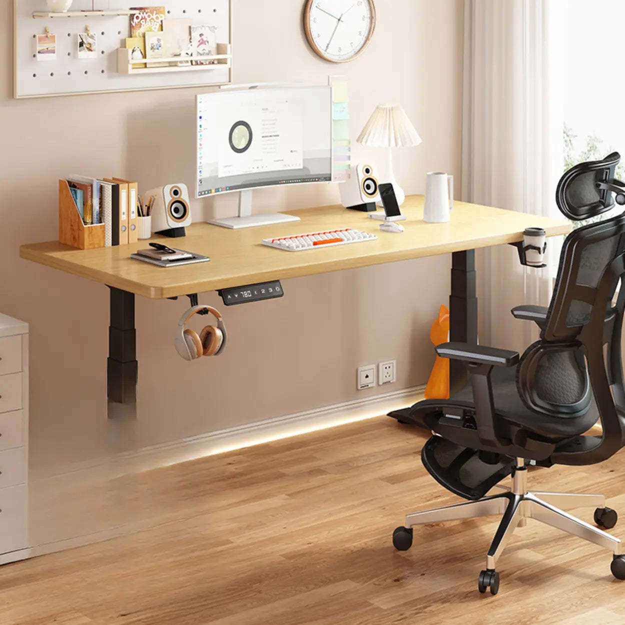 Height-Adjustable Wood Writing Desk — Yellow-White / Dual Motors & Three-Section Legs / Table Only