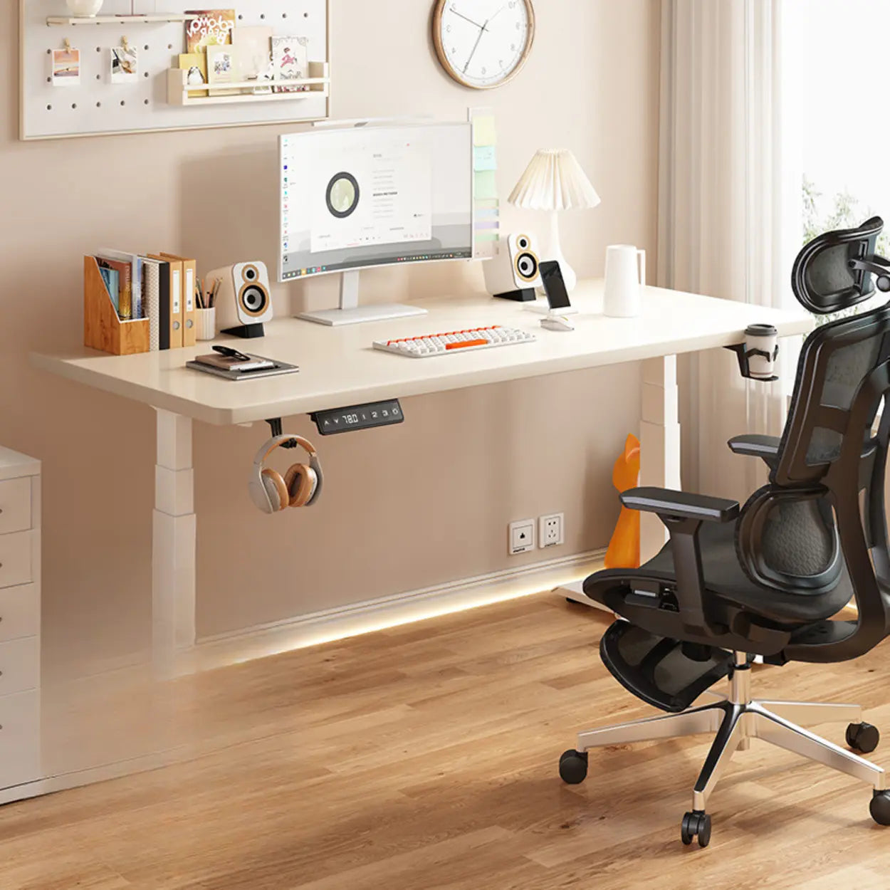 Height-Adjustable Wood Writing Desk — Yellow-White / Single Motor / Table Only