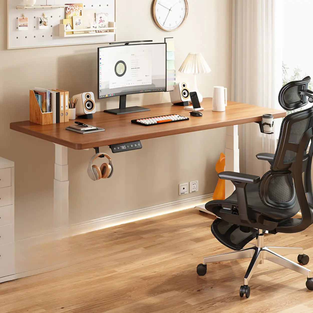 Height-Adjustable Wood Writing Desk — Black-White / Single Motor / Table Only