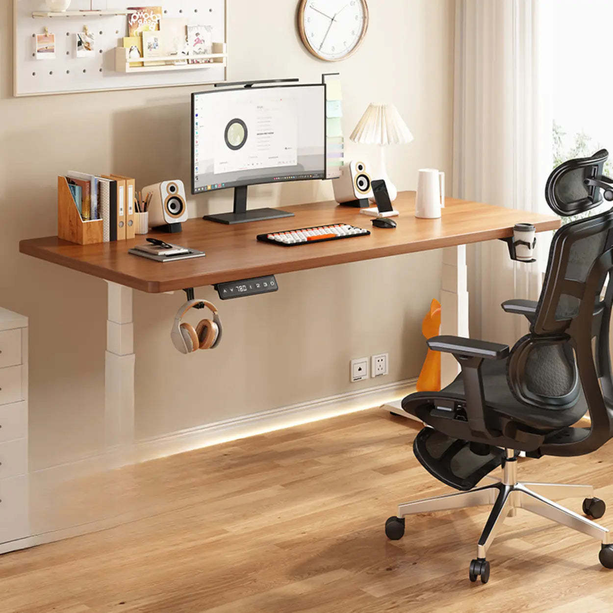 Height-Adjustable Wood Writing Desk — Black-White / Single Motor / Table Only