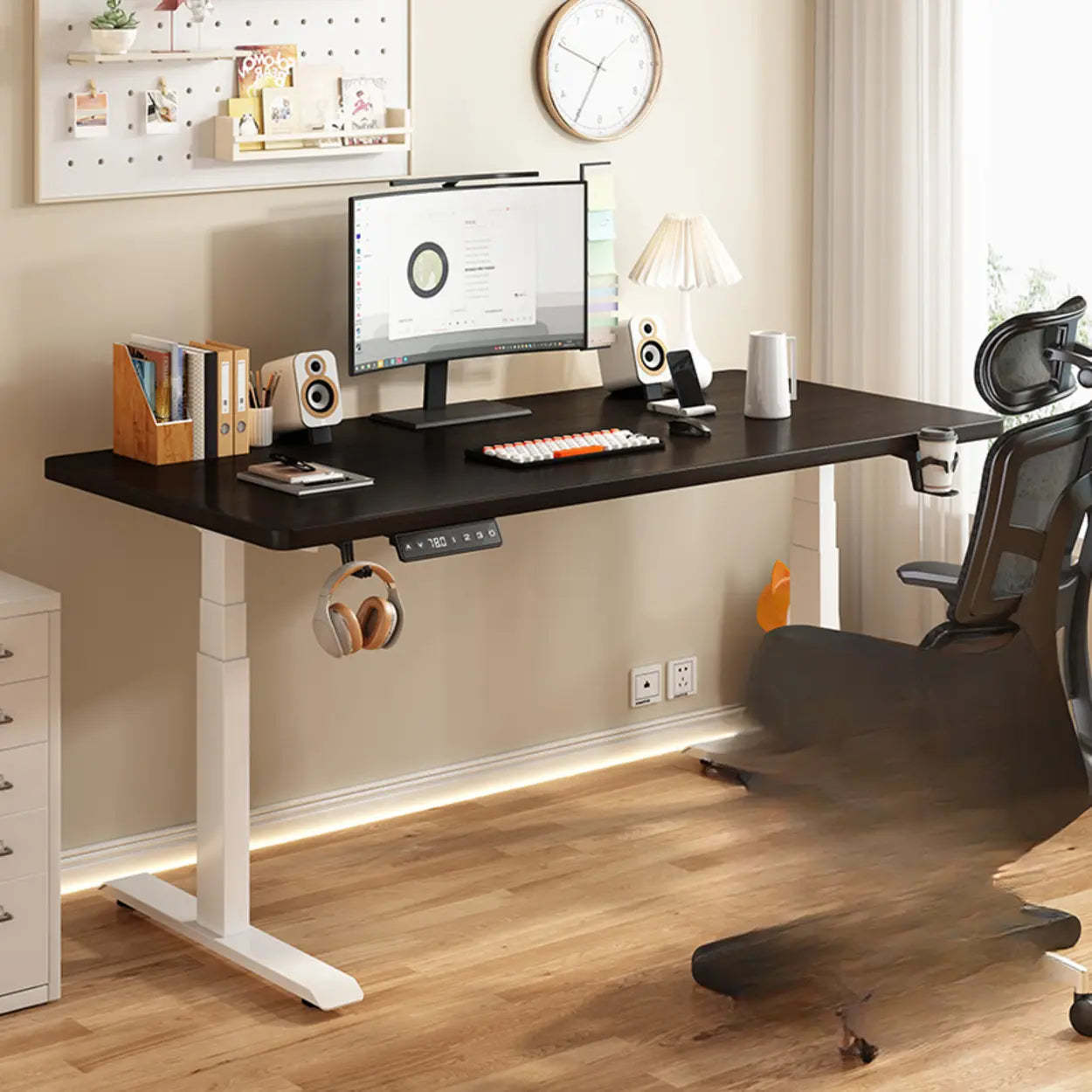 Lighom desk height-adjustable wood desks for office — Dual Motors & Three-Section Legs / Black / White