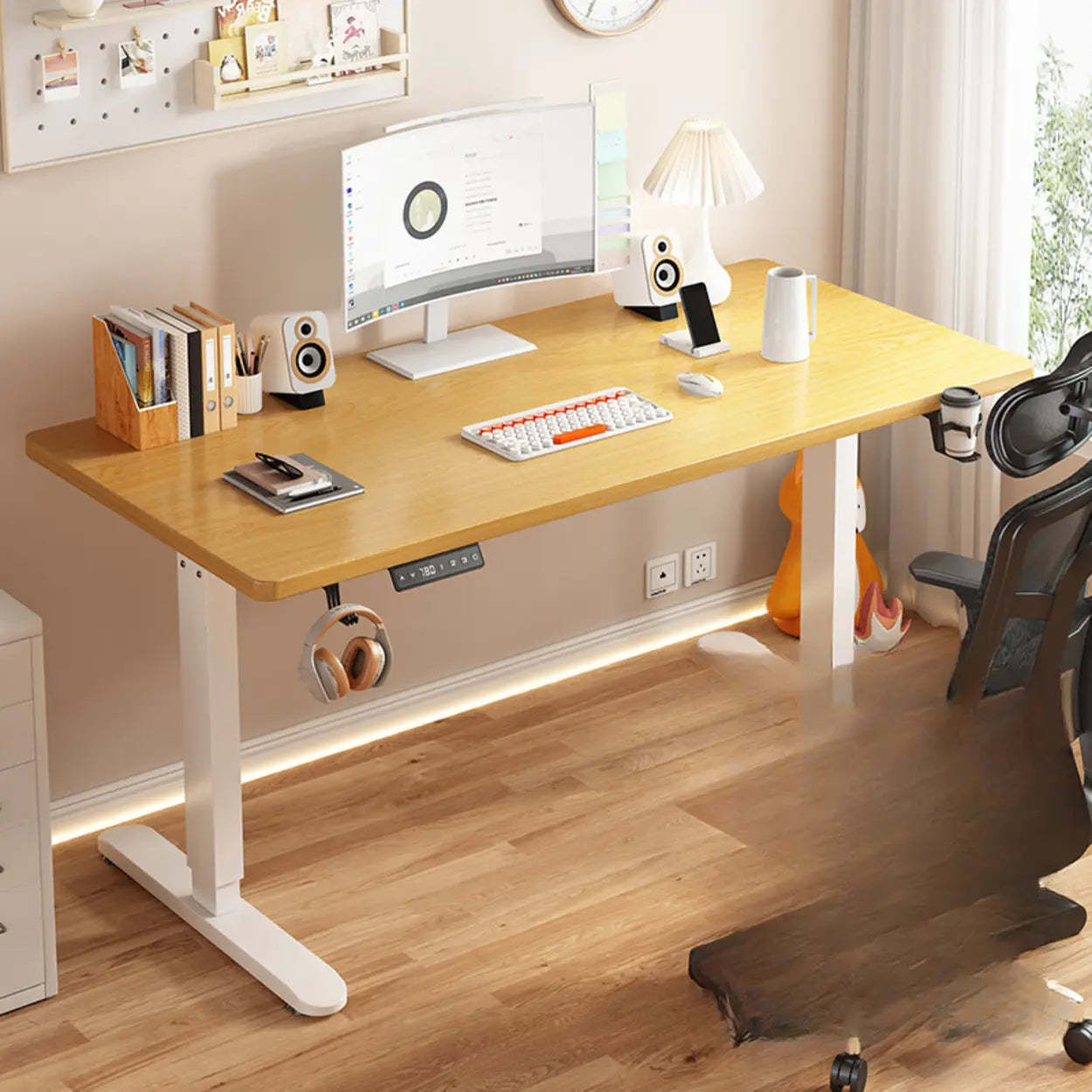 Height-Adjustable Wood Writing Desk — Black-Black / Dual Motors & Three-Section Legs / Table Only