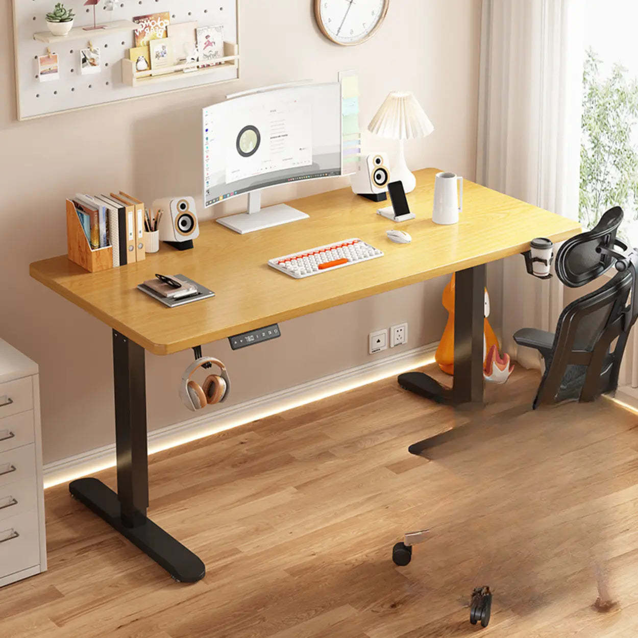 Height-Adjustable Wood Writing Desk — Black-Black / Single Motor / Table Only