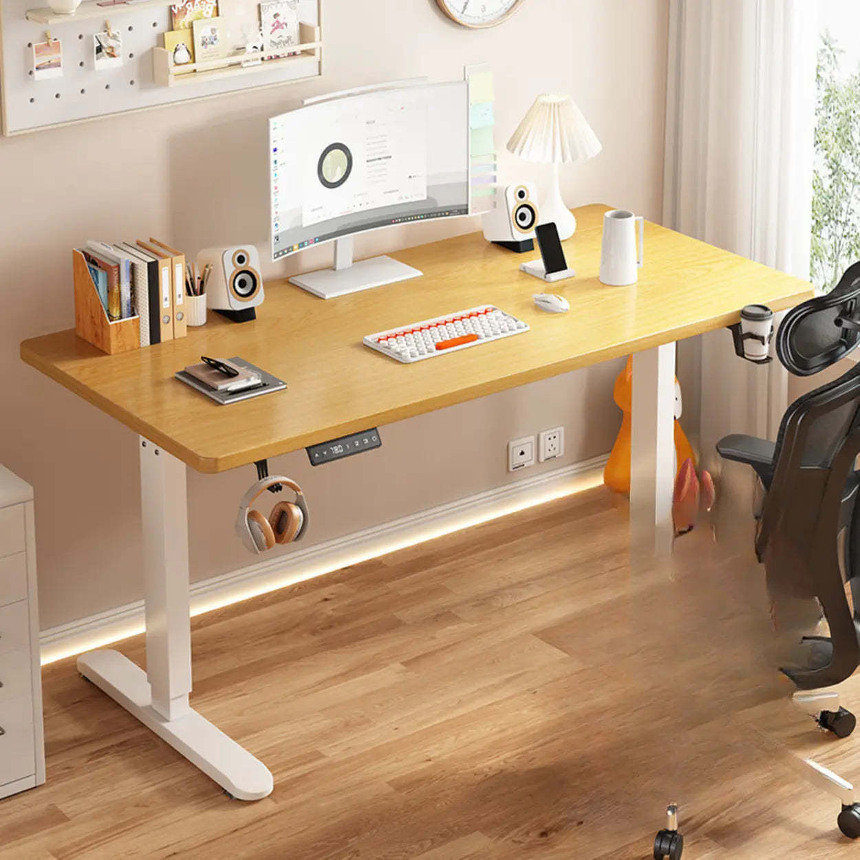Height-Adjustable Wood Writing Desk — White-Black / Dual Motors & Three-Section Legs / Table Only