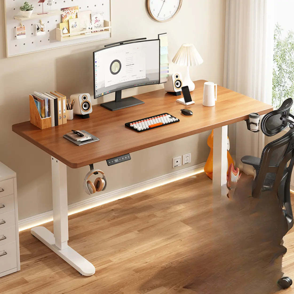 Height-Adjustable Wood Writing Desk — White-Black / Single Motor / Table Only