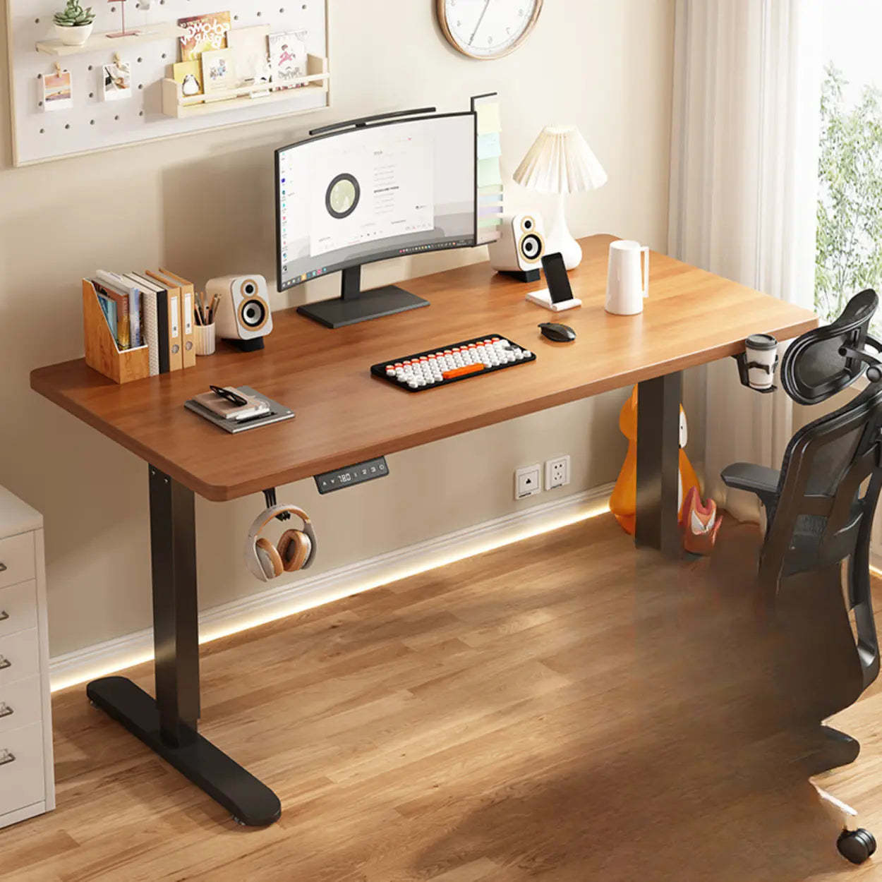 Height-Adjustable Wood Writing Desk — Yellow/ Black / Dual Motors & Three-Section Legs / Table Only