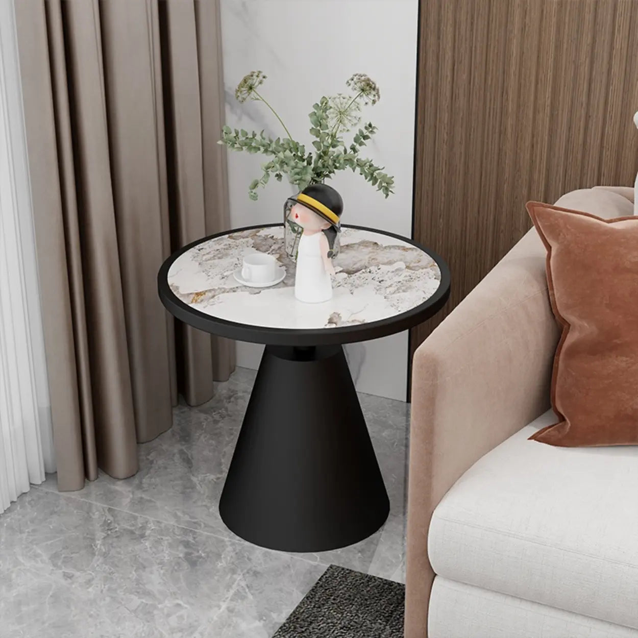 Standard Pedestal Sintered Stone Chairside Table — Black / Natural