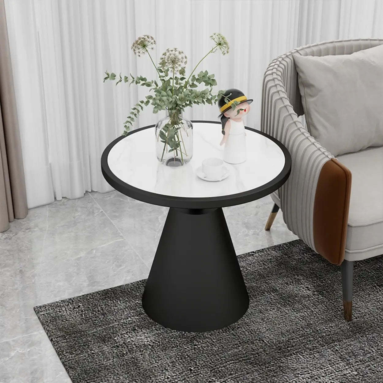 Standard Pedestal Sintered Stone Chairside Table — Beige / Natural
