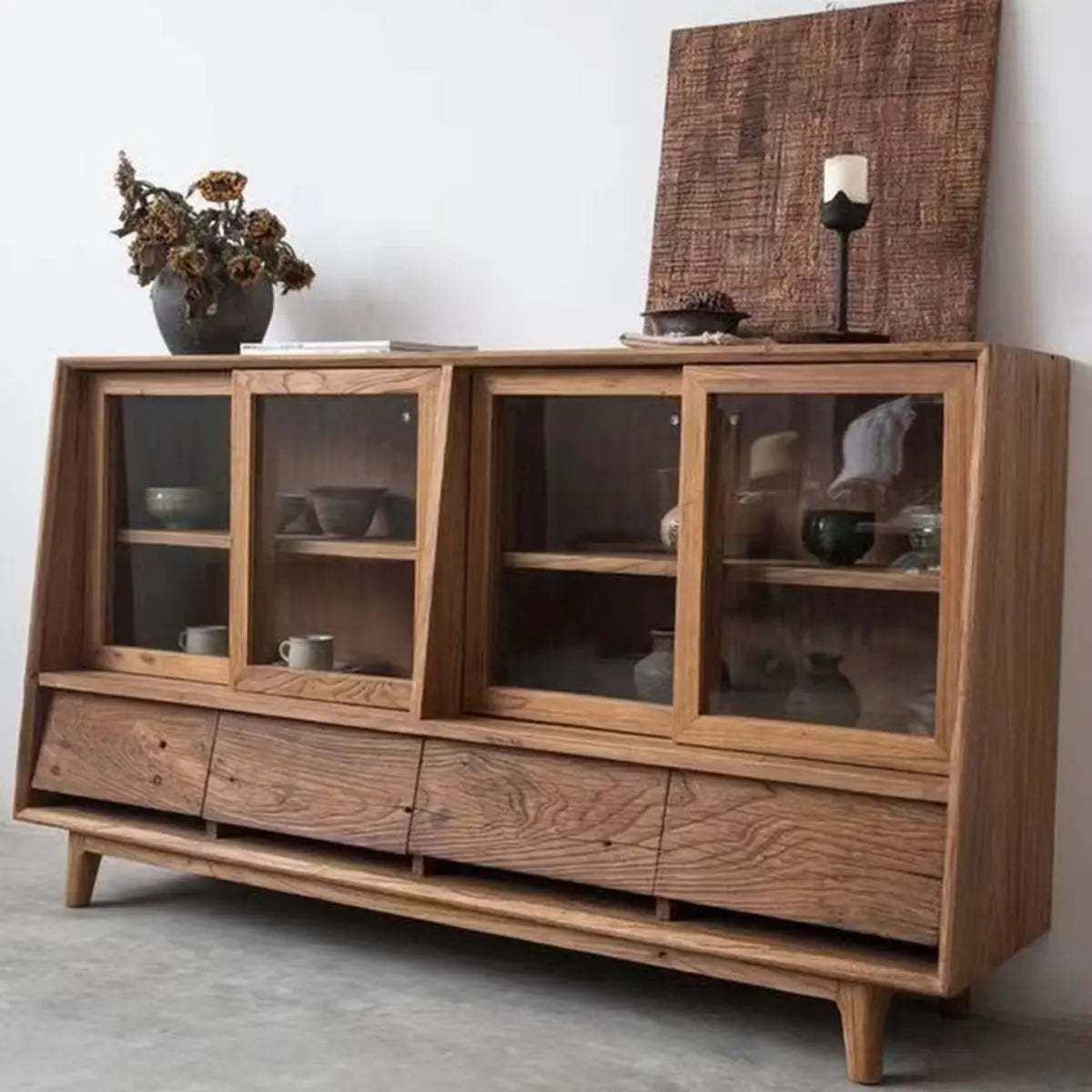 Oak Natural Sliding Clear Door Buffet Cabinet — Natural