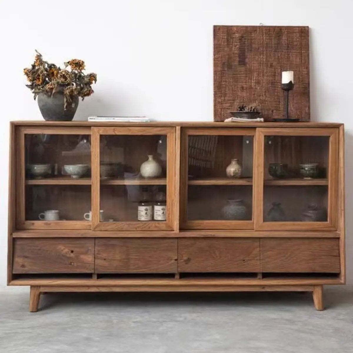 Oak Natural Sliding Clear Door Buffet Cabinet