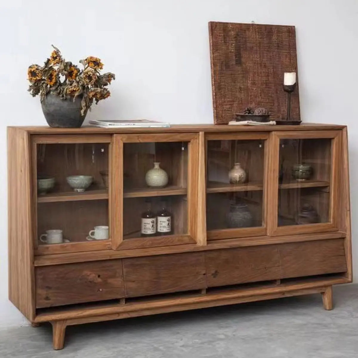 Oak Natural Sliding Clear Door Buffet Cabinet