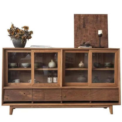 Oak Natural Sliding Clear Door Buffet Cabinet
