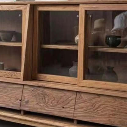Oak Natural Sliding Clear Door Buffet Cabinet