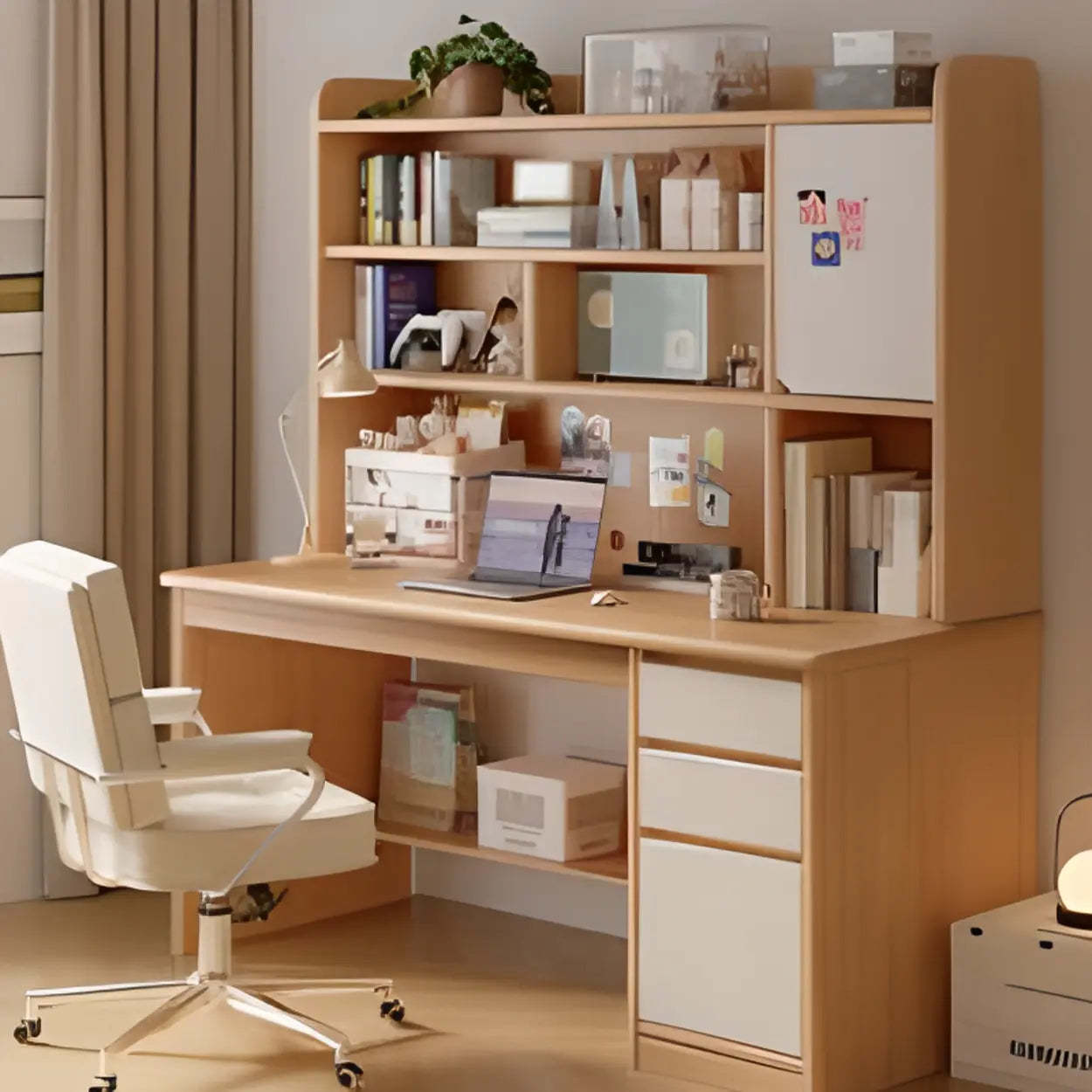 Wood Computer Desk with Hutch and Storage — Natural Finish / Table Only