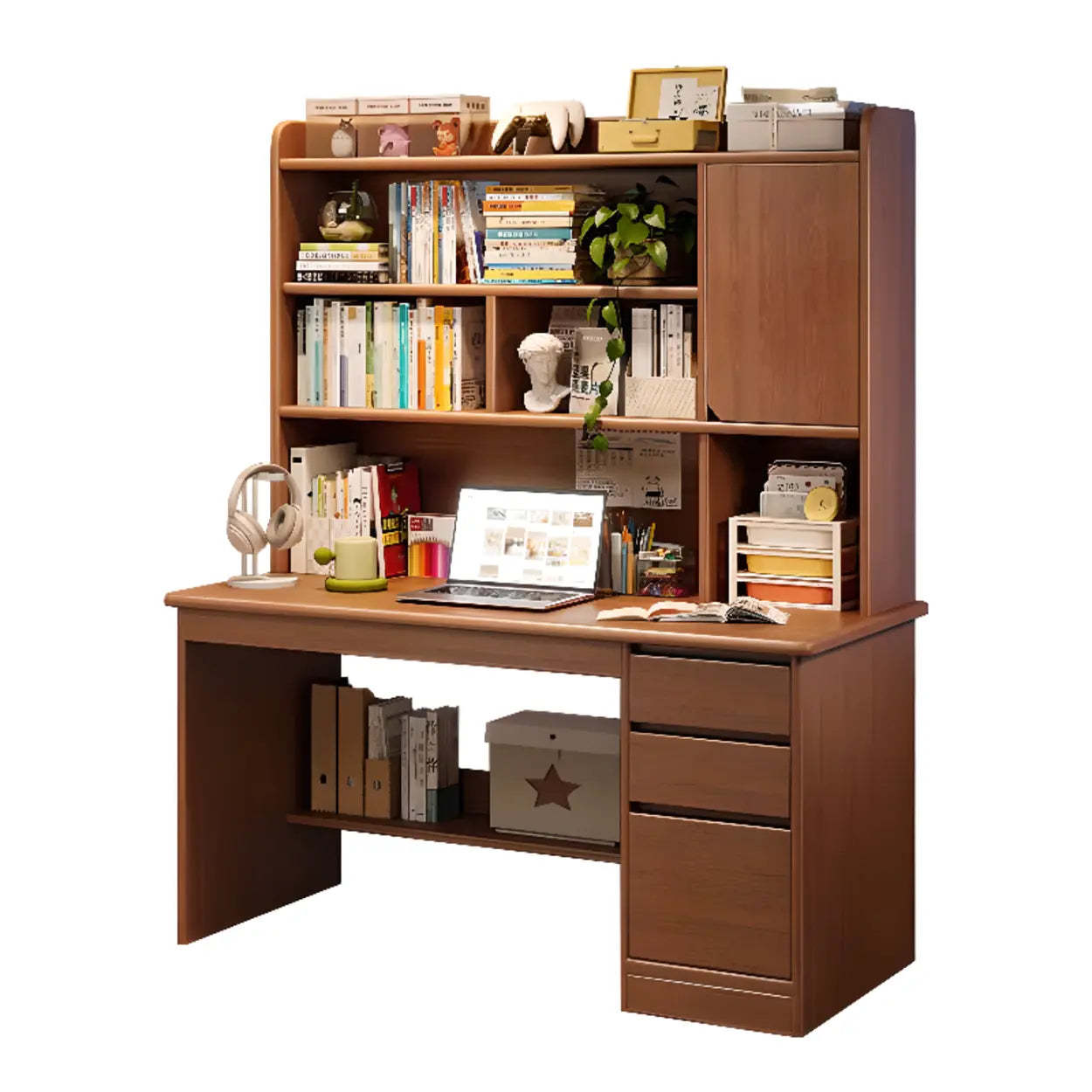 Wood Computer Desk with Hutch and Storage — Warm White / Table Only