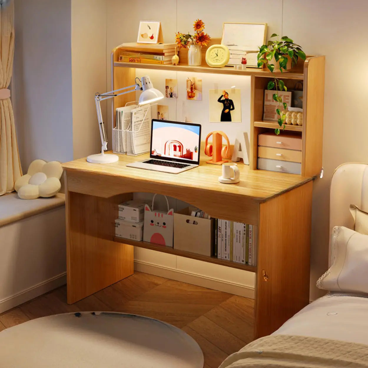 Wood Computer Desk with Hutch and Storage — Warm White / Table Only