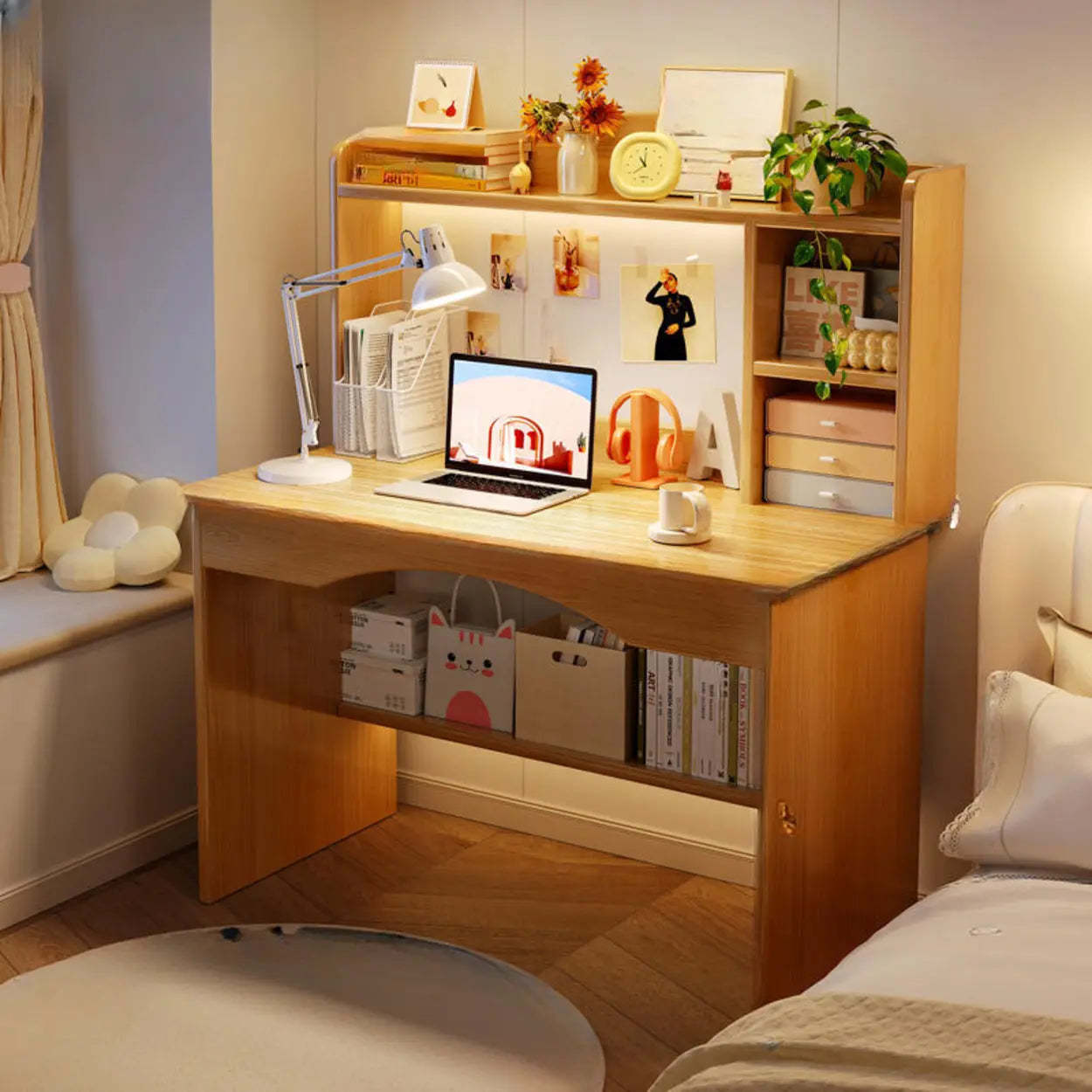 Wood Computer Desk with Hutch and Storage — Warm White / Table Only