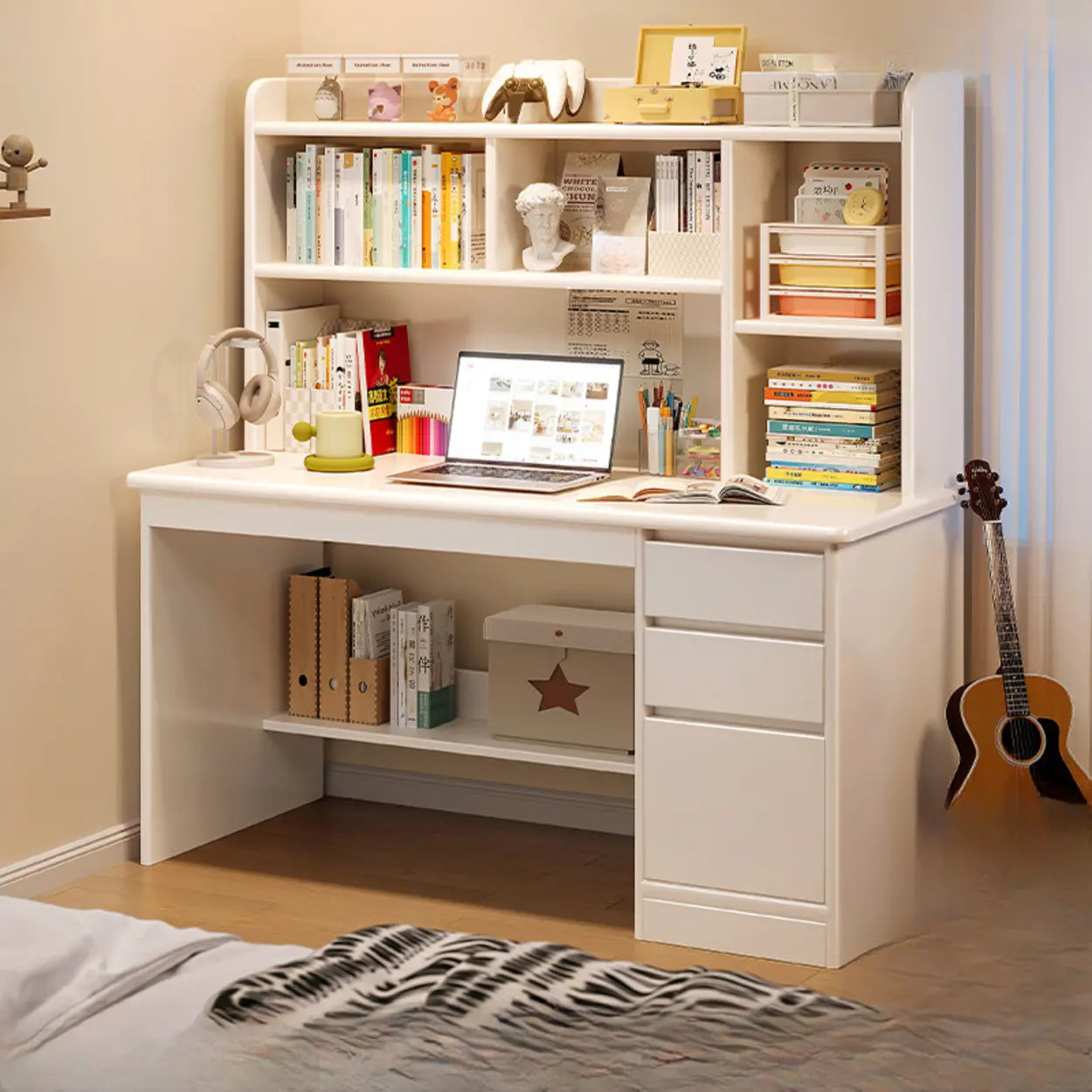 Wood Computer Desk with Hutch and Storage — Warm White / Table Only