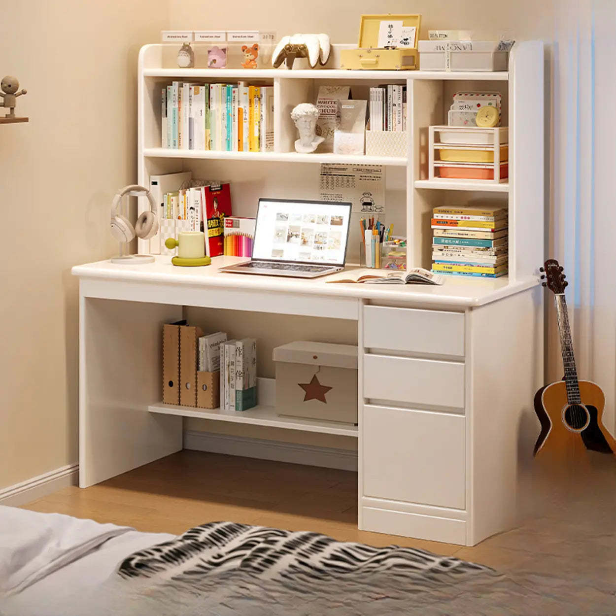 Wood Computer Desk with Hutch and Storage — Warm White / Table Only