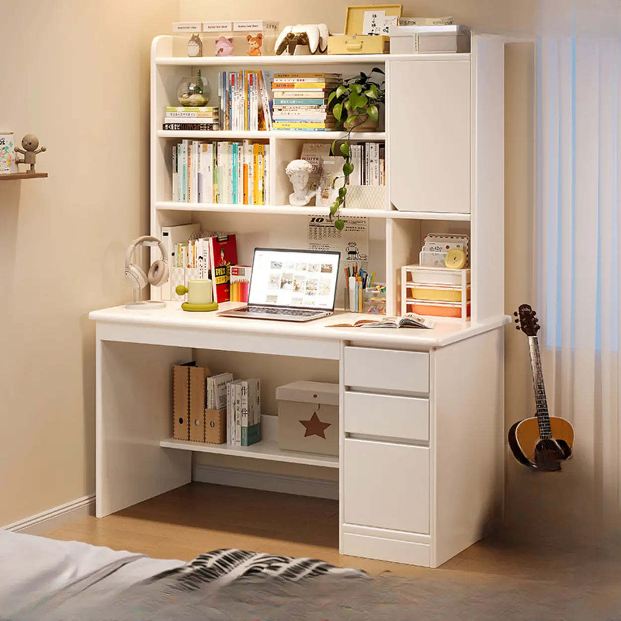 Wood Computer Desk with Hutch and Storage — Warm White / Table Only