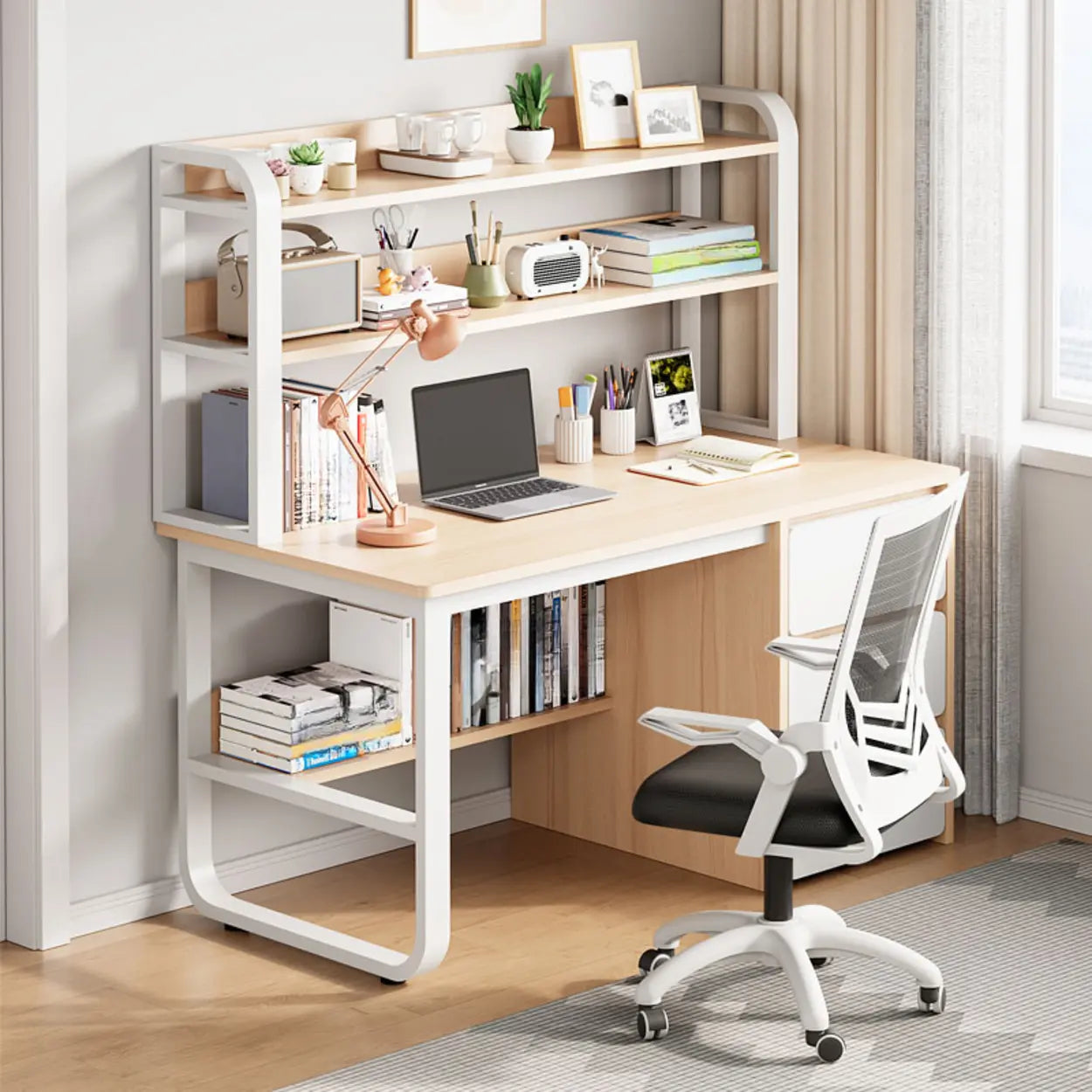 Wood Writing Desk with Drawers and Shelves