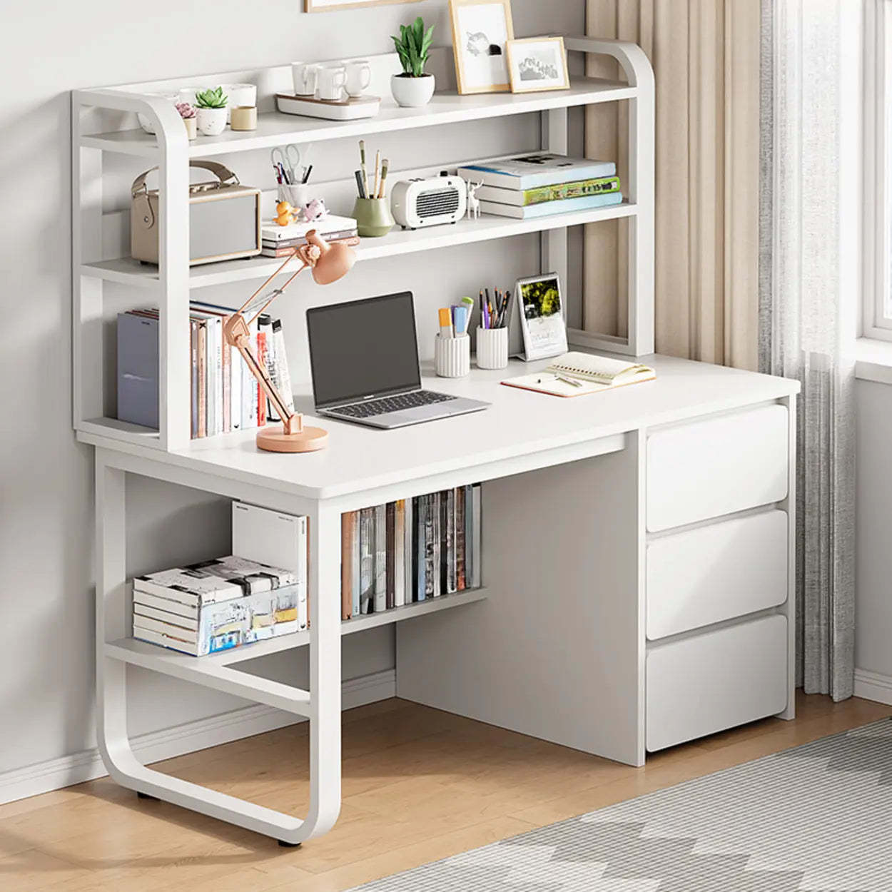 Wood Writing Desk with Drawers and Shelves — Maple / Table Only