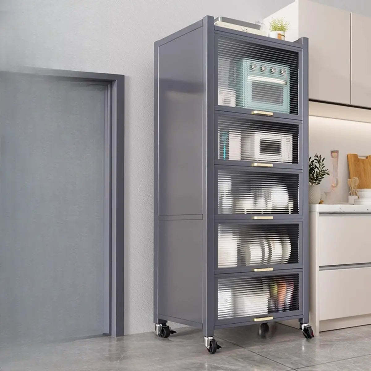 Gray Steel Dining Hutch China Cabinet — Grey