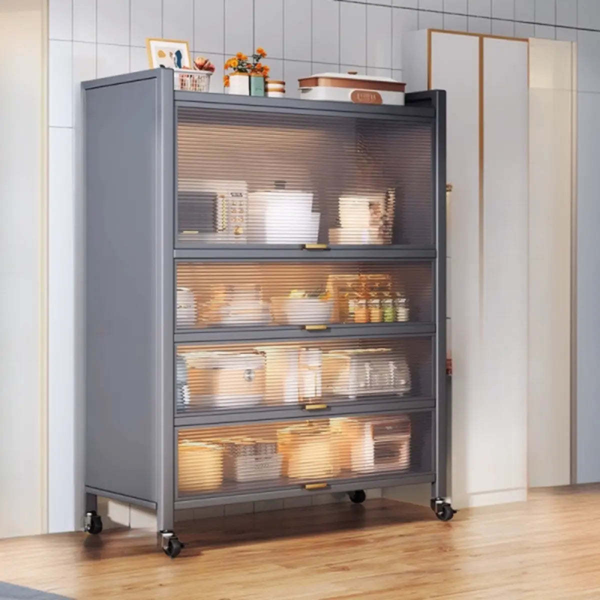 Gray Steel Dining Hutch China Cabinet — Grey