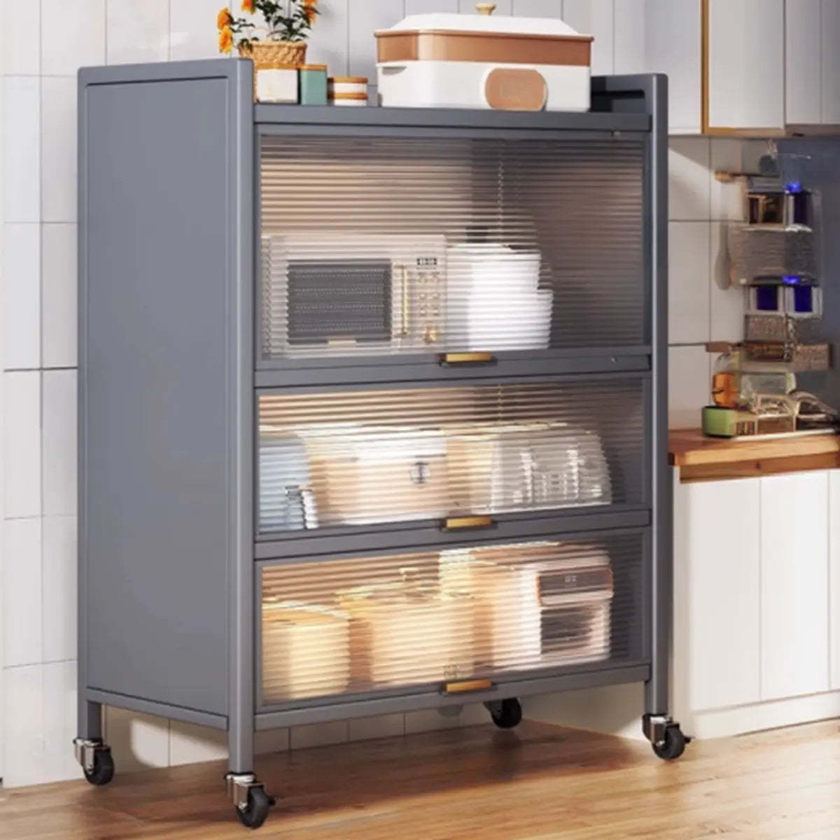 Gray Steel Dining Hutch China Cabinet — White