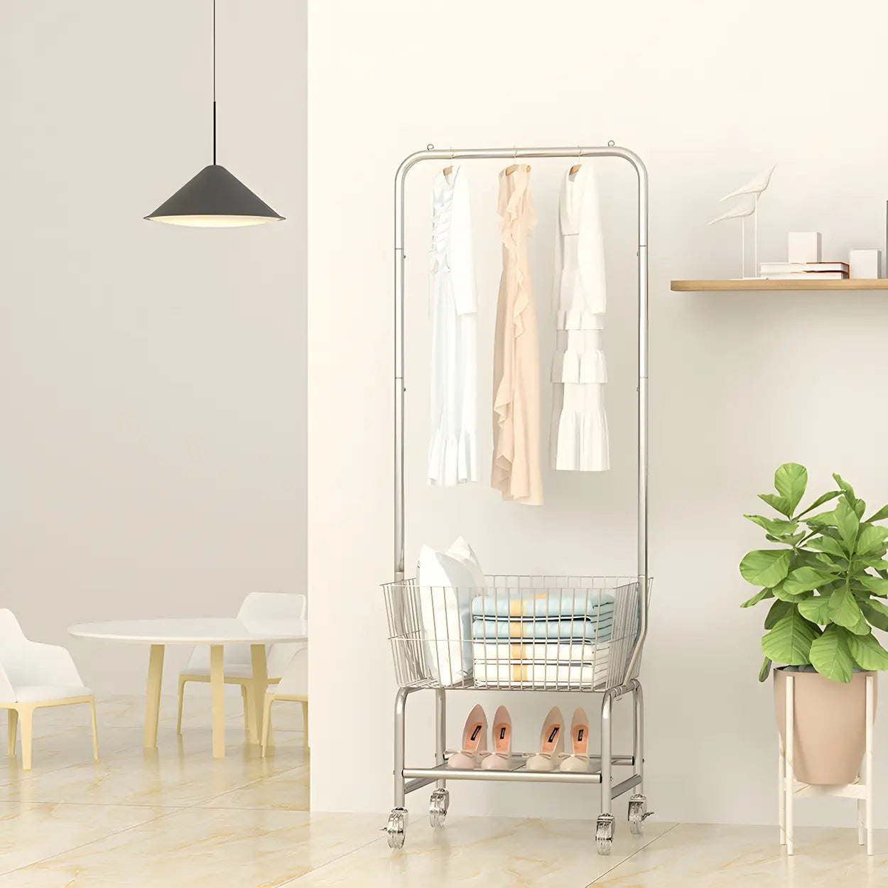 Silver Steel Shelf Wheeled Coat Rack with Basket
