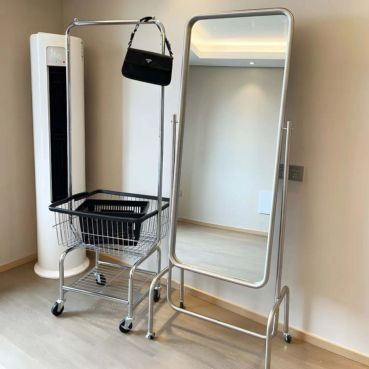 Silver Steel Shelf Wheeled Coat Rack with Basket