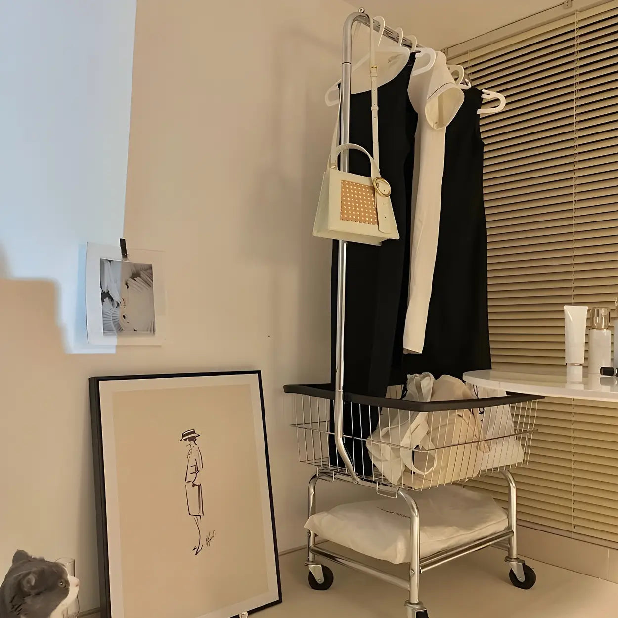 Silver Steel Shelf Wheeled Coat Rack with Basket