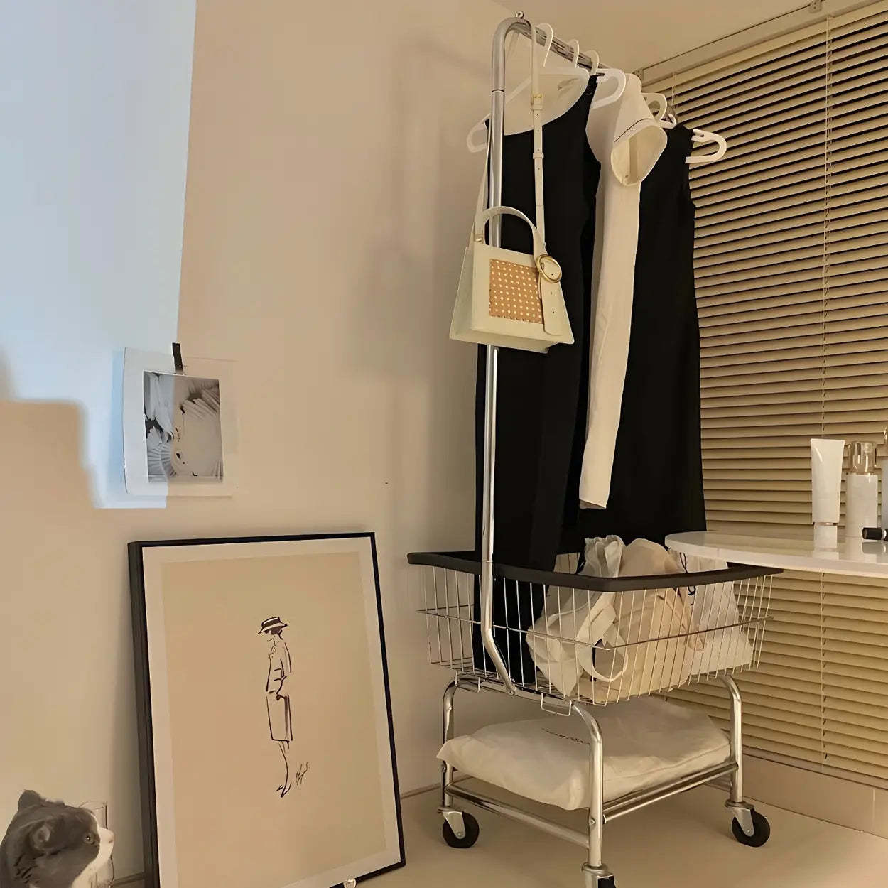 Silver Steel Shelf Wheeled Coat Rack with Basket