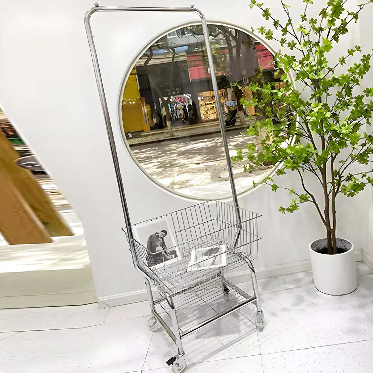 Silver Steel Shelf Wheeled Coat Rack with Basket