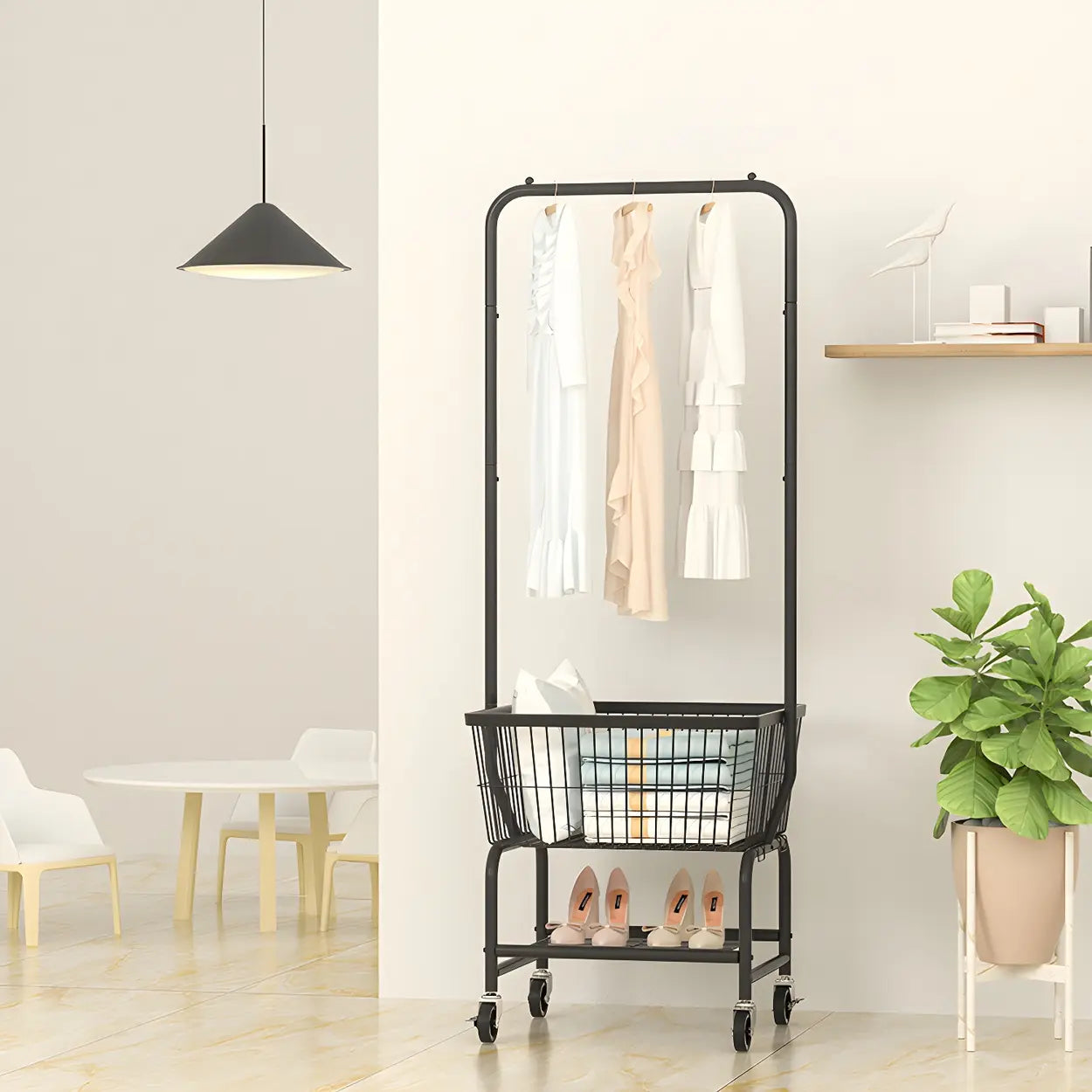 Silver Steel Shelf Wheeled Coat Rack with Basket — Black-Silver