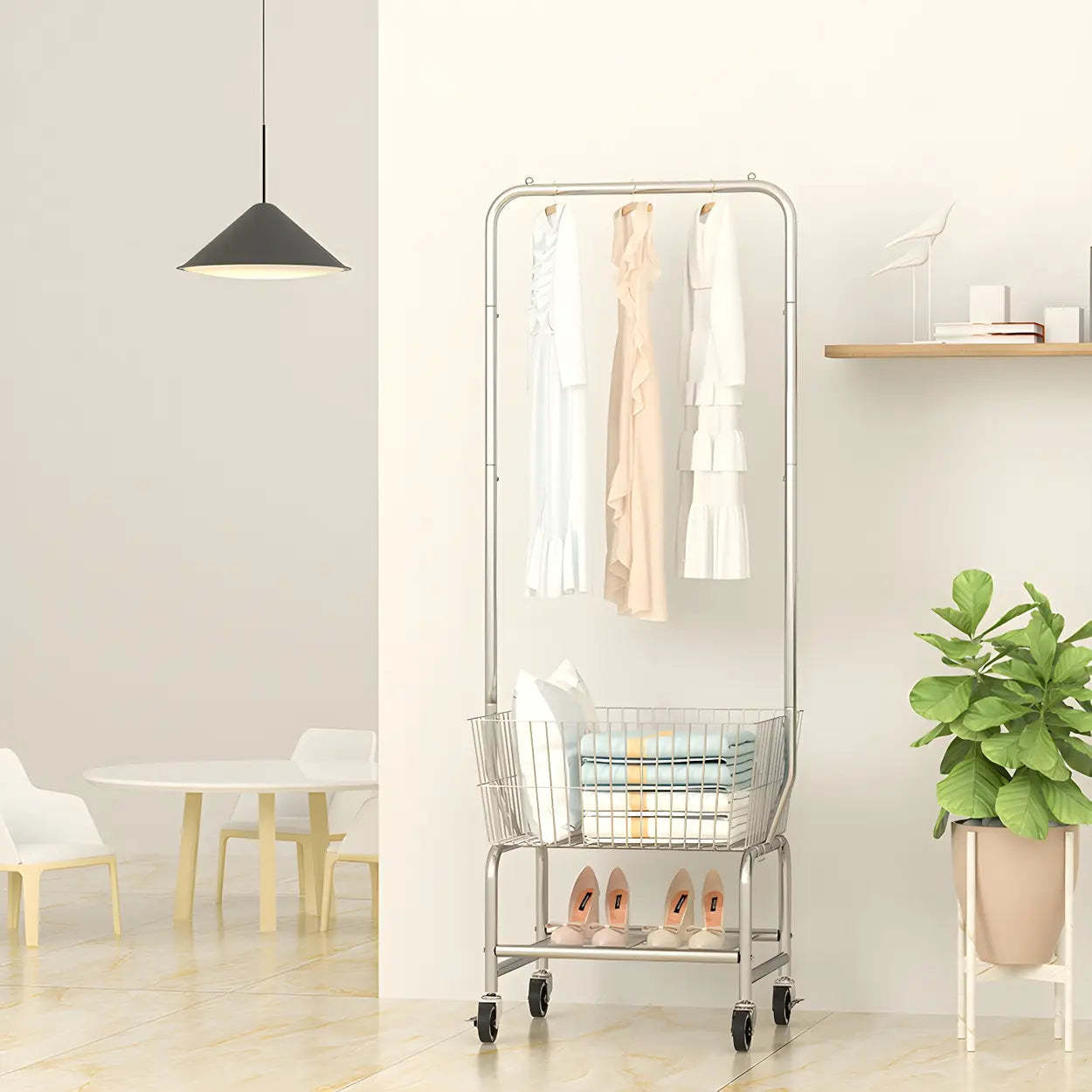 Silver Steel Shelf Wheeled Coat Rack with Basket — Silver/ Clear