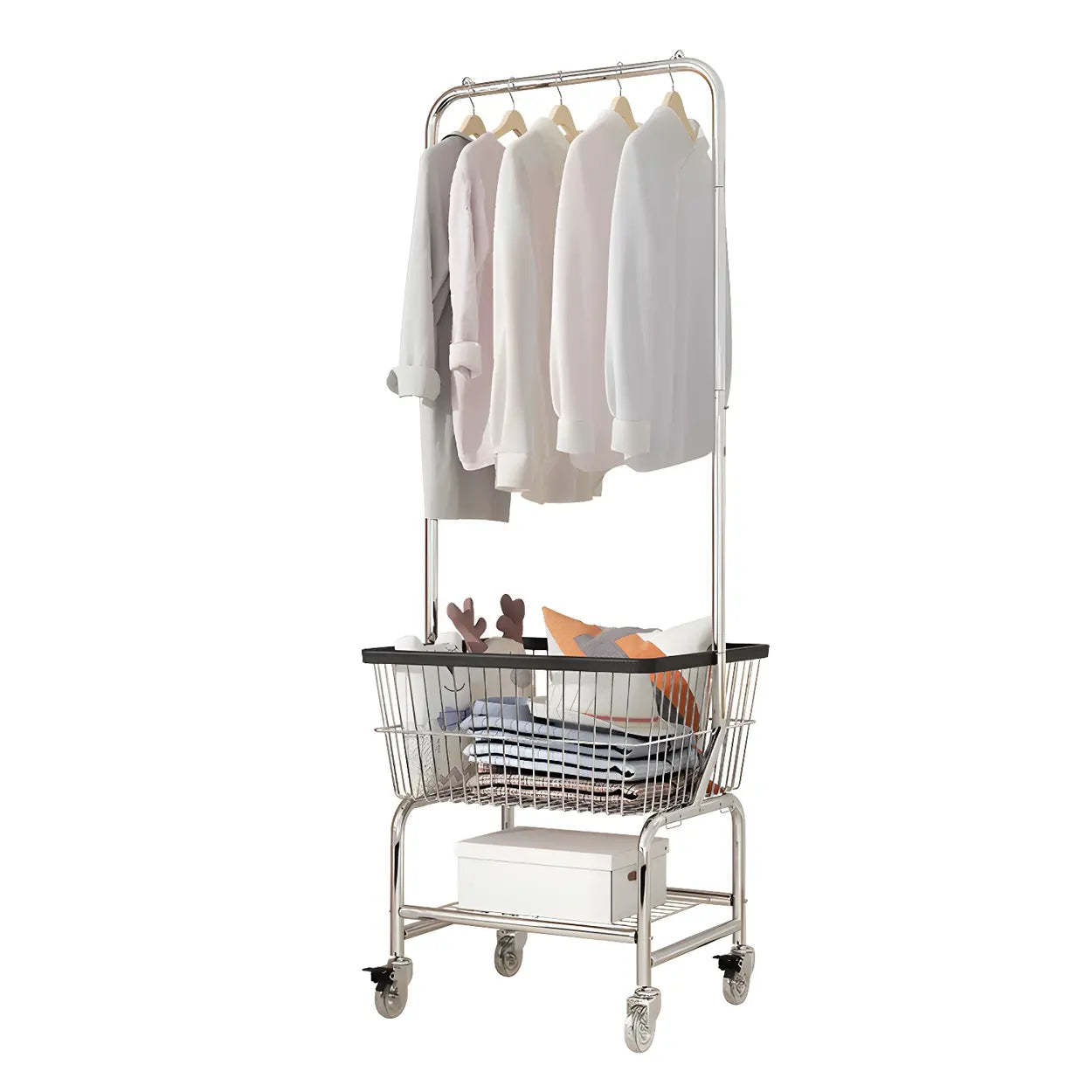 Silver Steel Shelf Wheeled Coat Rack with Basket — Gold