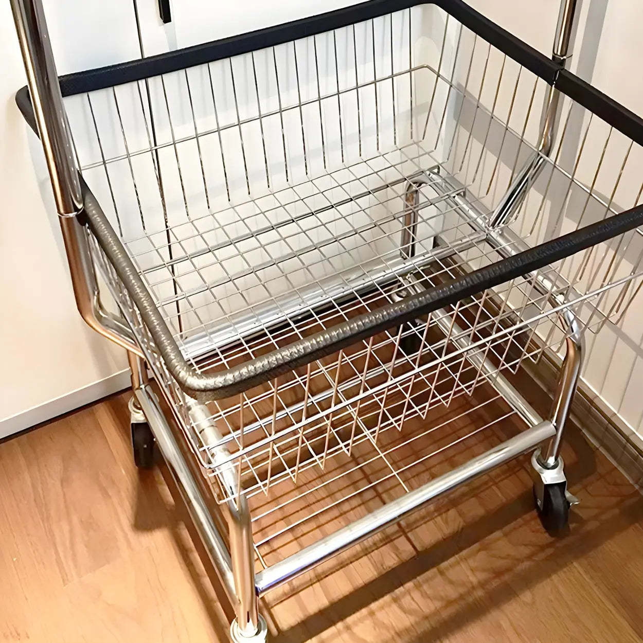 Silver Steel Shelf Wheeled Coat Rack with Basket