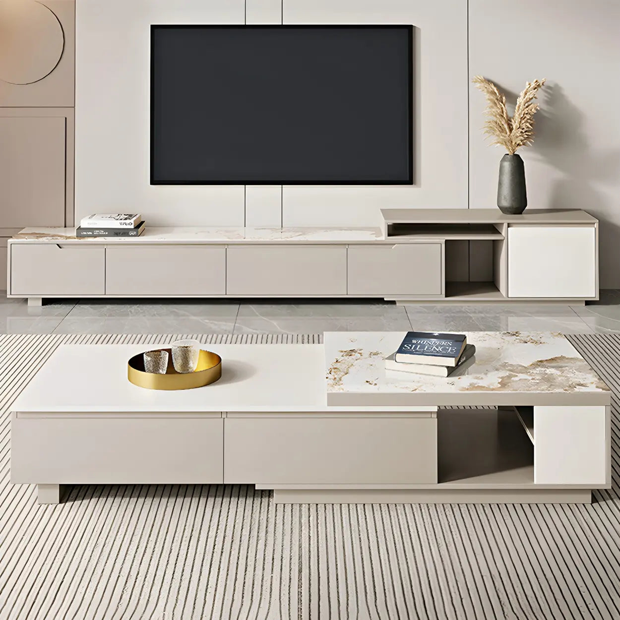 Rectangular Stone Coffee Table with Storage Shelves