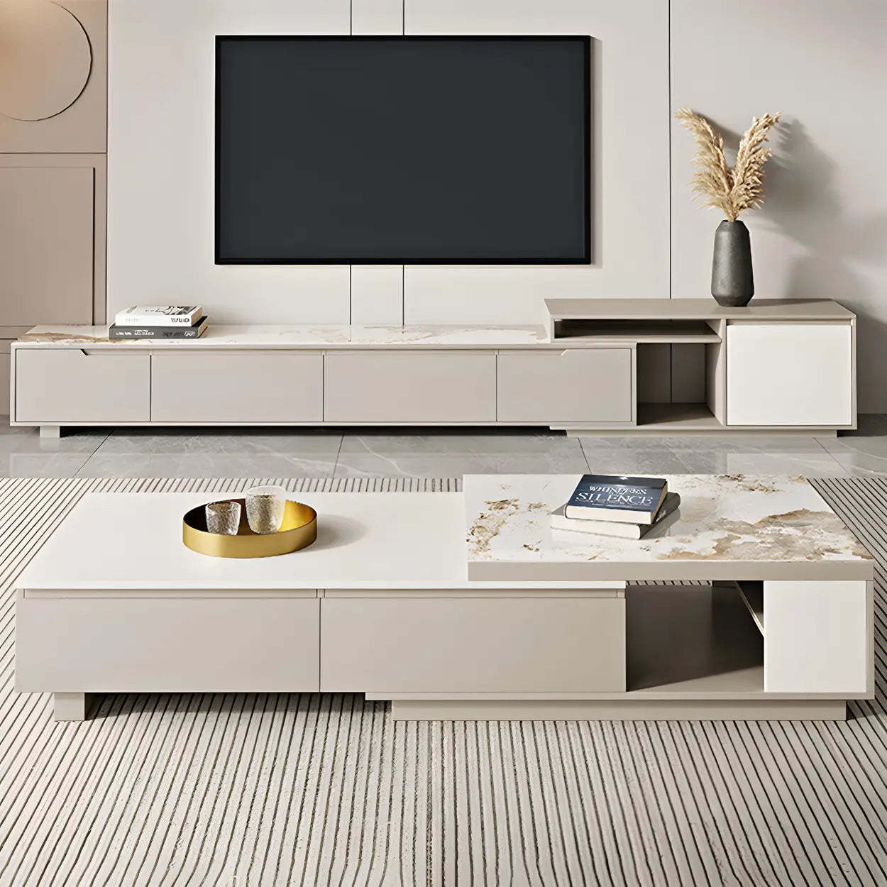 Rectangular Stone Coffee Table with Storage Shelves