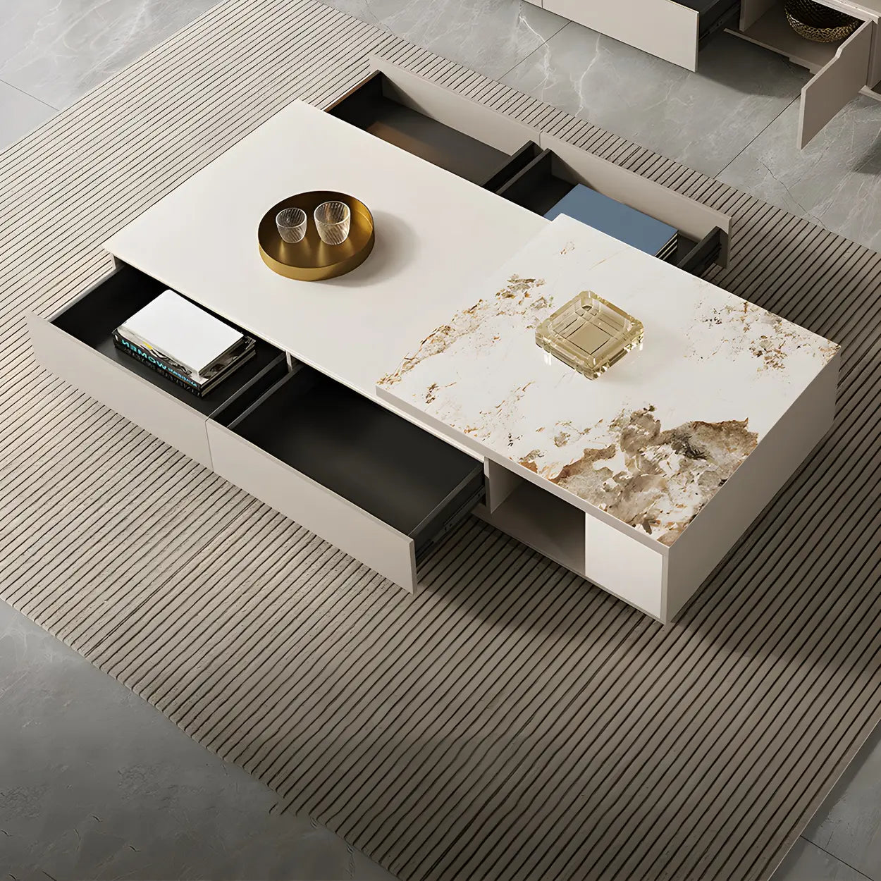 Rectangular Stone Coffee Table with Storage Shelves