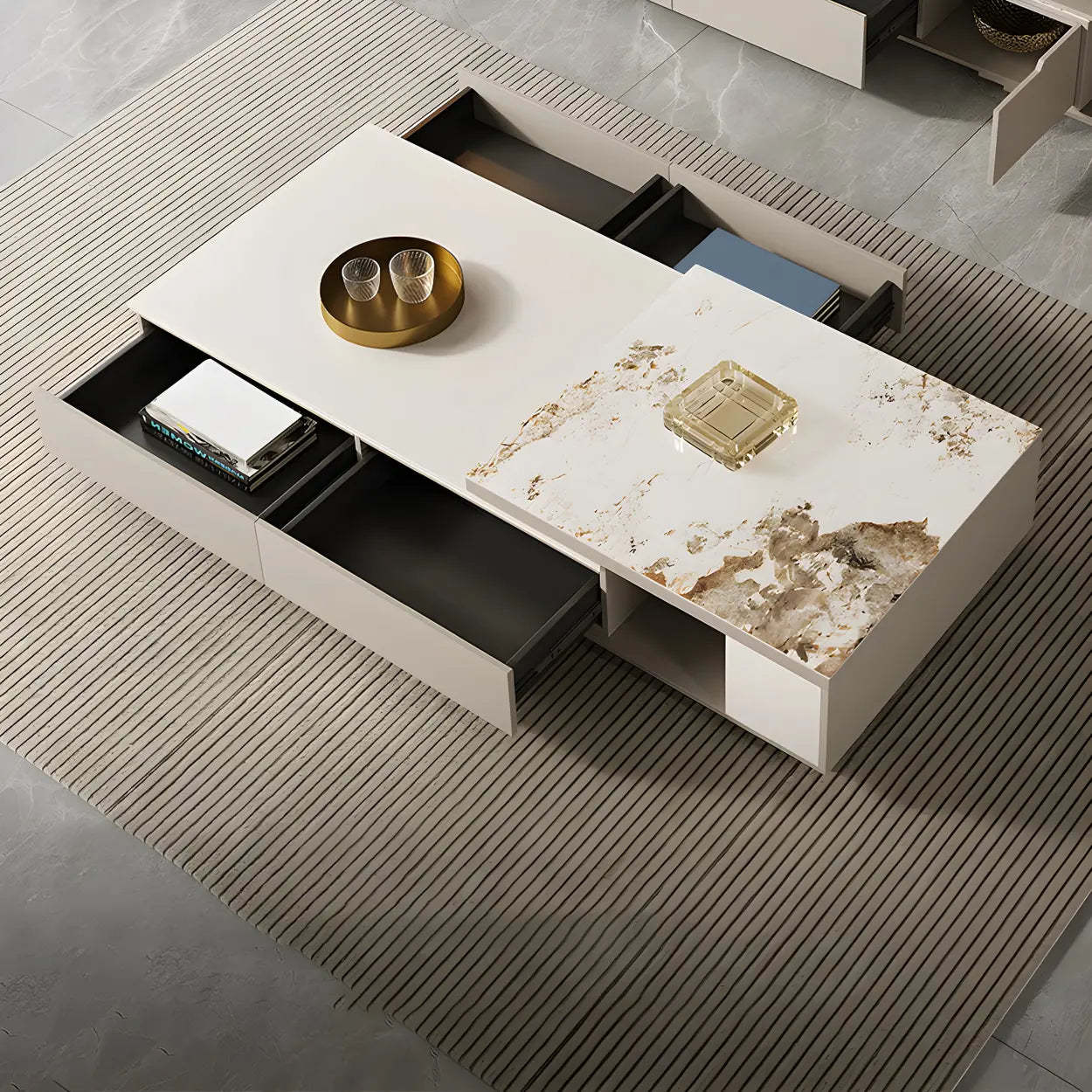 Rectangular Stone Coffee Table with Storage Shelves