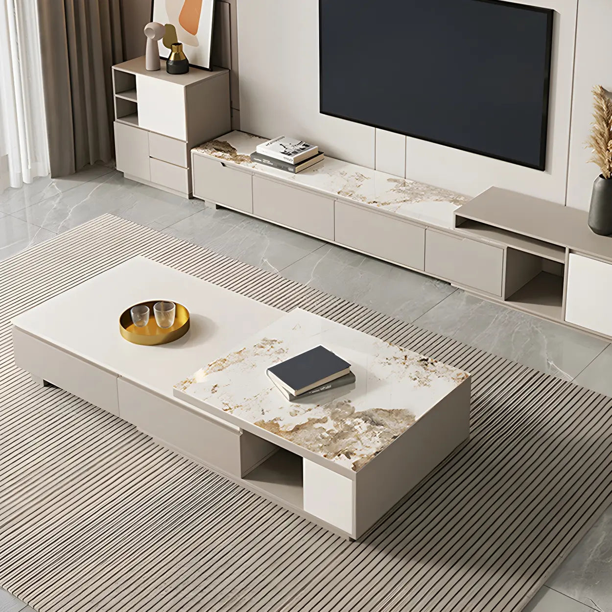 Rectangular Stone Coffee Table with Storage Shelves