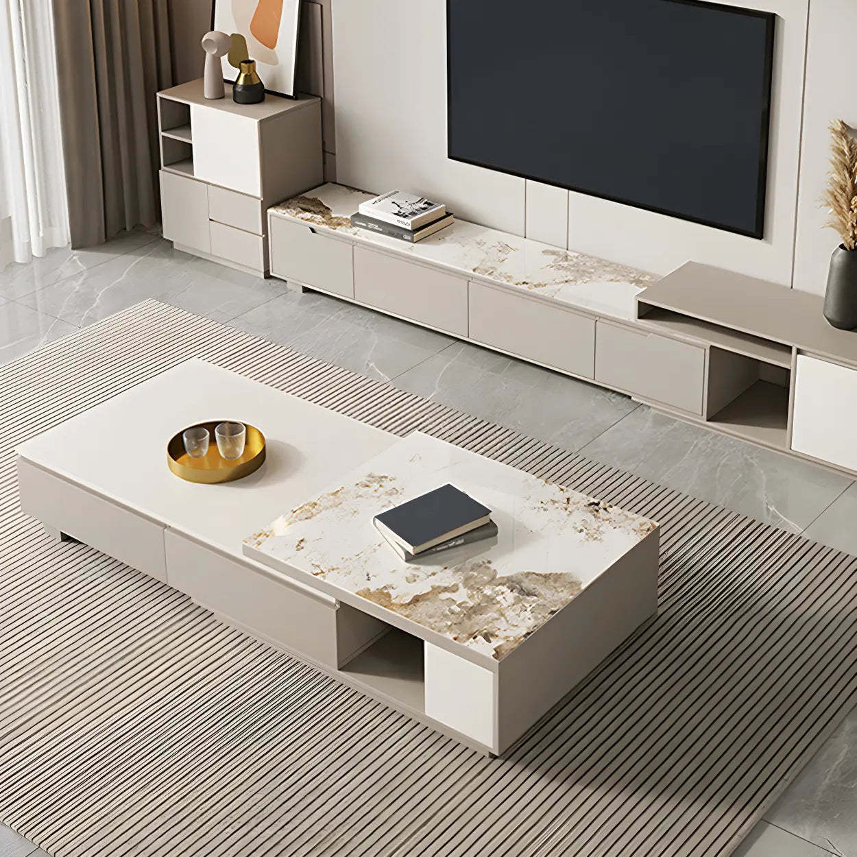 Rectangular Stone Coffee Table with Storage Shelves