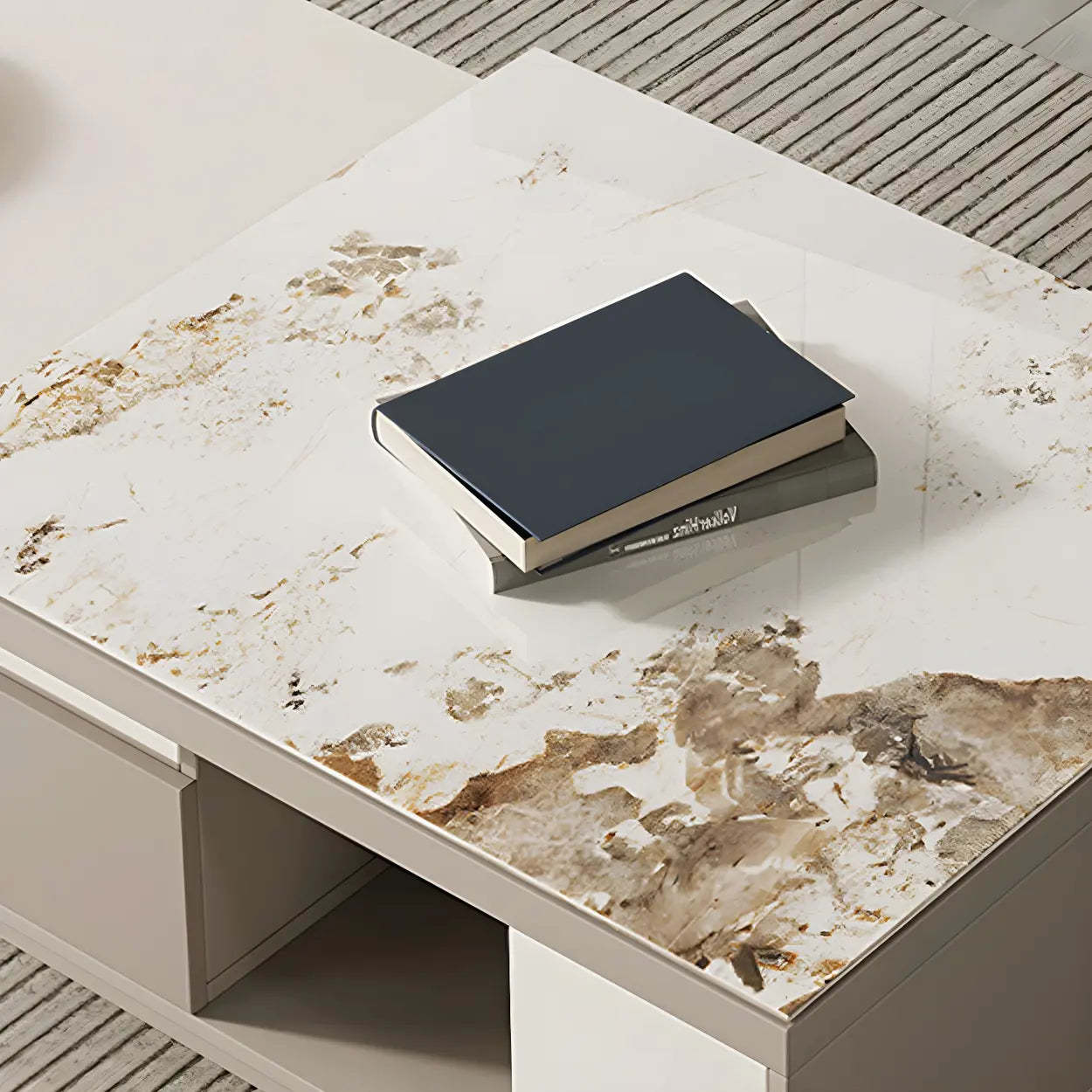 Rectangular Stone Coffee Table with Storage Shelves